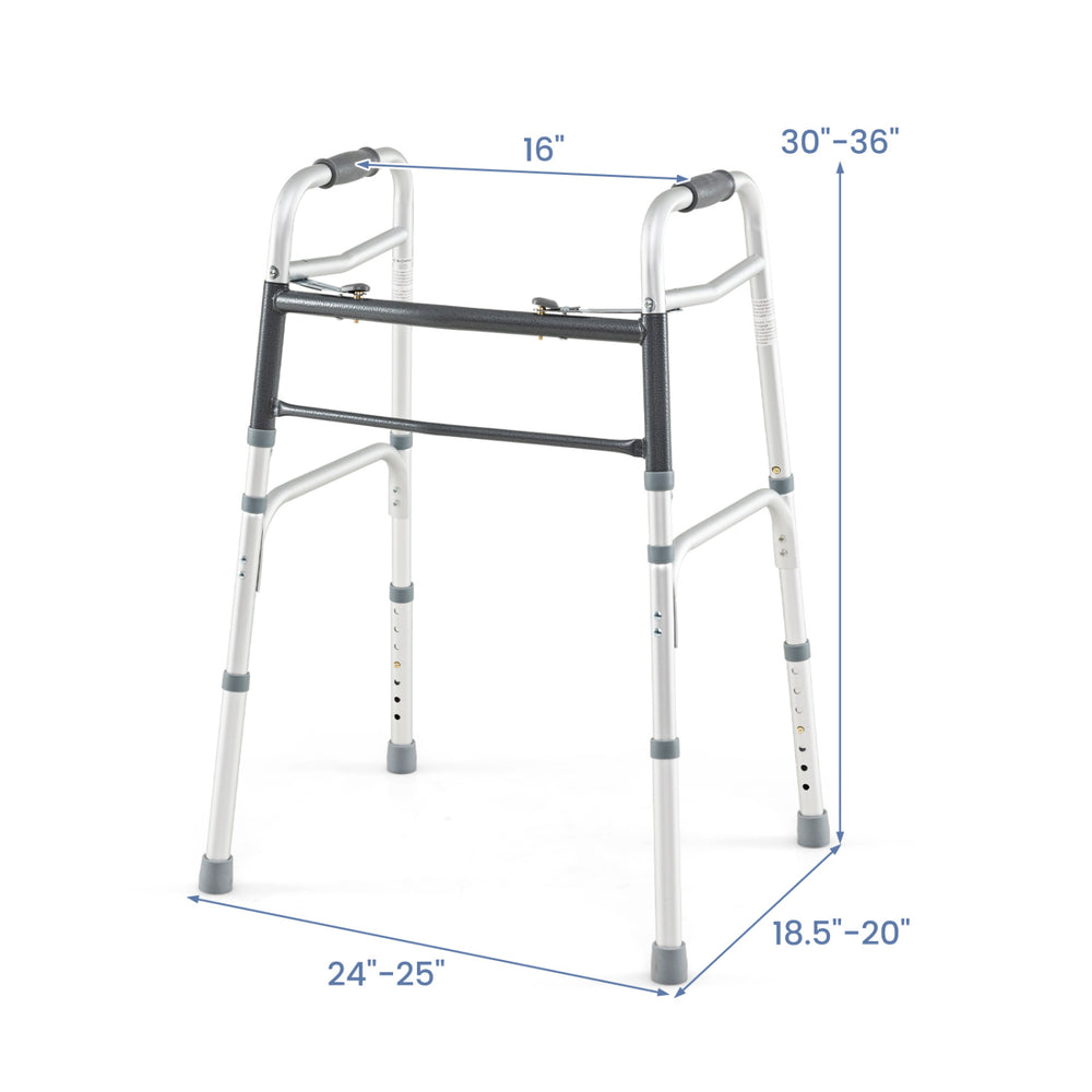 Lightweight 2-button folding walker with adjustable height, aluminum frame, and non-slip rubber foot pads for safety.