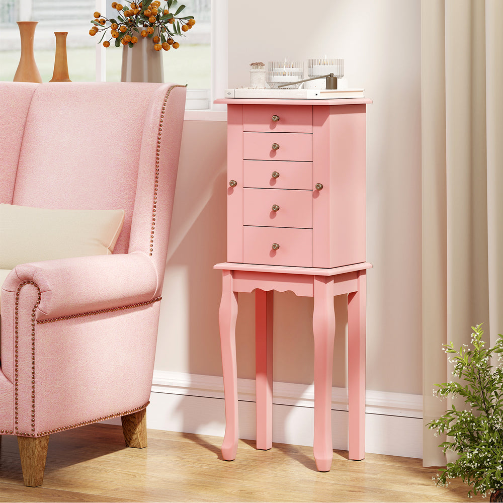 Pink jewelry cabinet with 5 drawers, mirror lift-top, and necklace hooks for organized storage in a stylish design.