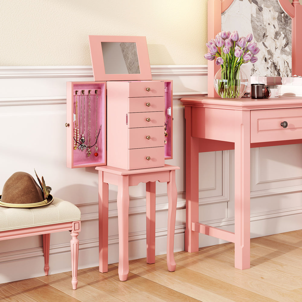 Pink standing jewelry cabinet with mirror, featuring 5 drawers, 8 necklace hooks, and spacious storage for organized.