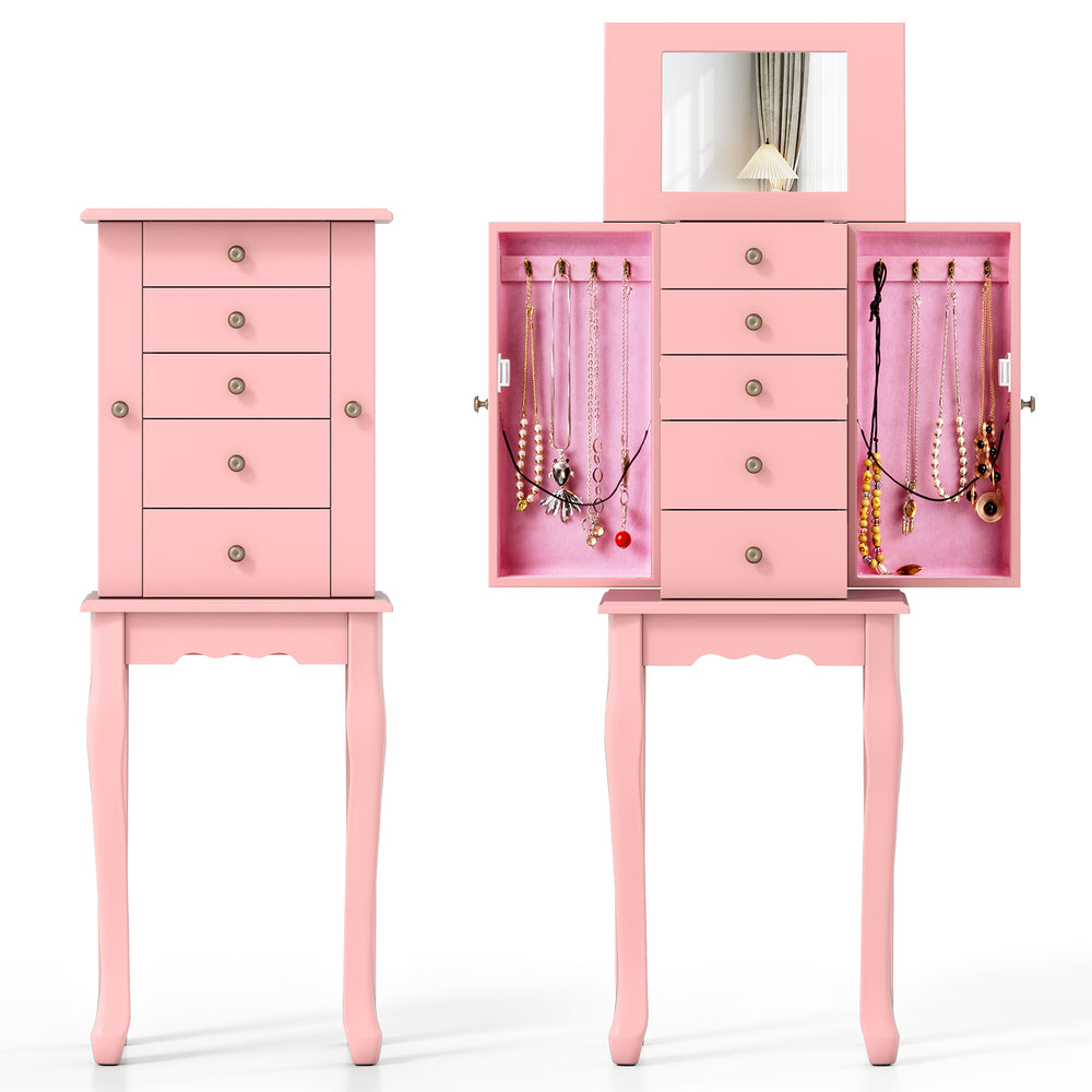 Pink jewelry cabinet with 5 drawers, 8 hooks, and a mirror, offering organized storage for necklaces and accessories.