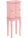 Pink jewelry cabinet with 5 drawers, mirror lift-top lid, and necklace hooks for organized storage and easy access.