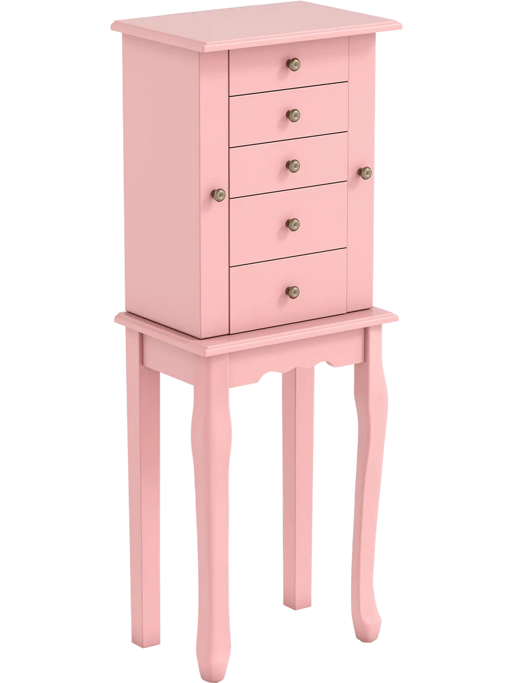 Pink jewelry cabinet with 5 drawers, mirror lift-top lid, and necklace hooks for organized storage and easy access.