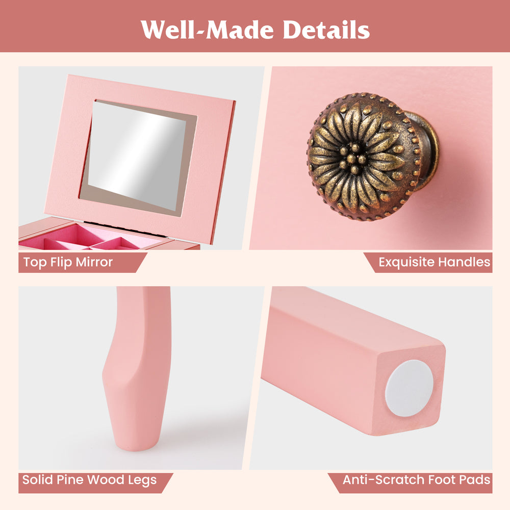 Close-up of the pink jewelry cabinet's top flip mirror, solid pine wood legs, and exquisite handle details.