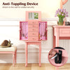 Pink standing jewelry cabinet with mirror, featuring 5 drawers, 8 hooks, and anti-toppling device for secure storage.