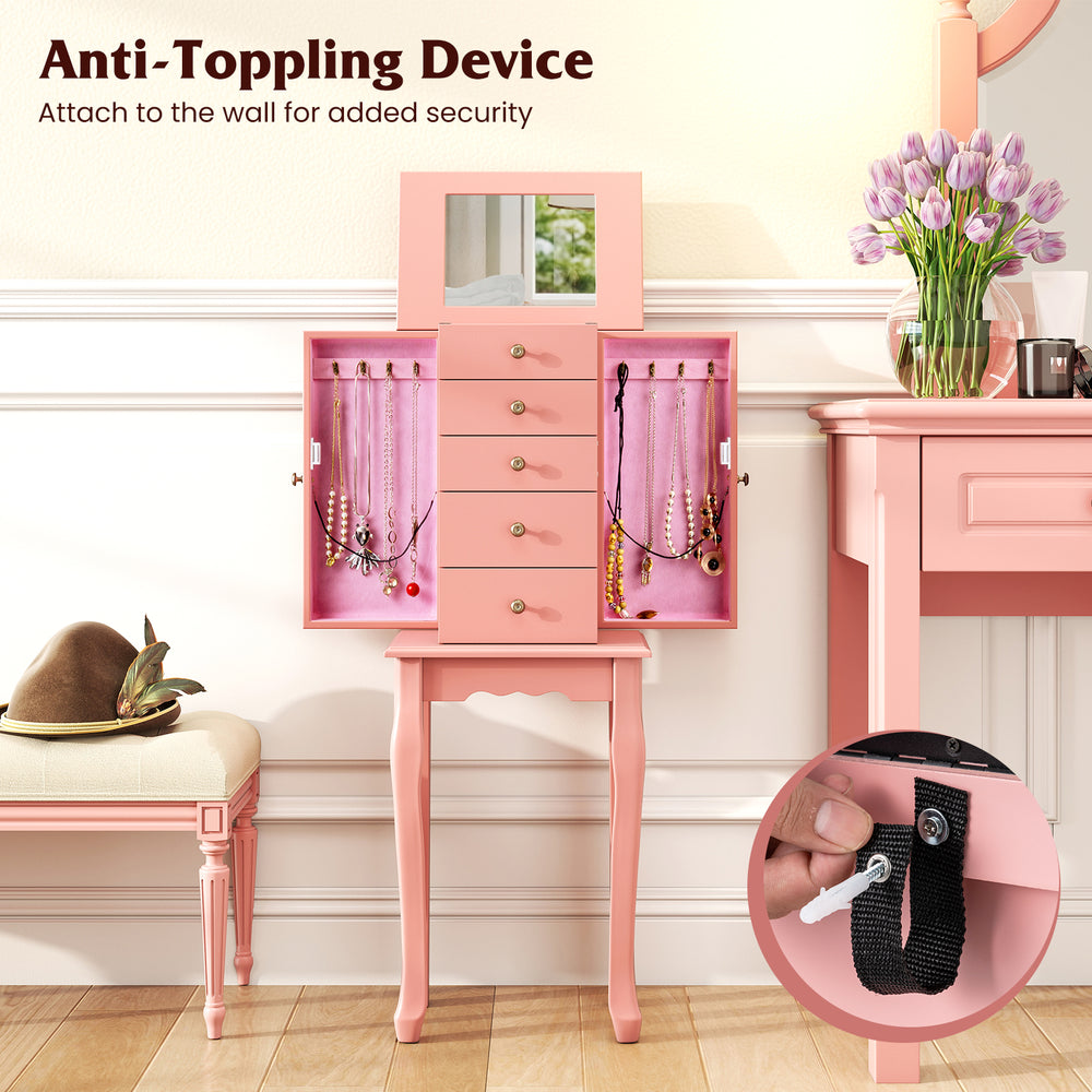 Pink standing jewelry cabinet with mirror, featuring 5 drawers, 8 hooks, and anti-toppling device for secure storage.