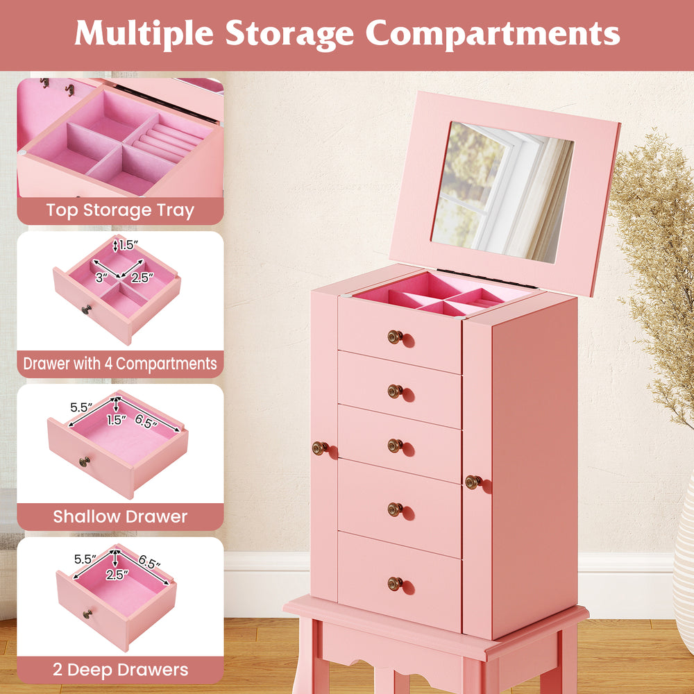 Pink jewelry cabinet with mirror, featuring 5 drawers, 2 side compartments, and 8 necklace hooks for organized storage.