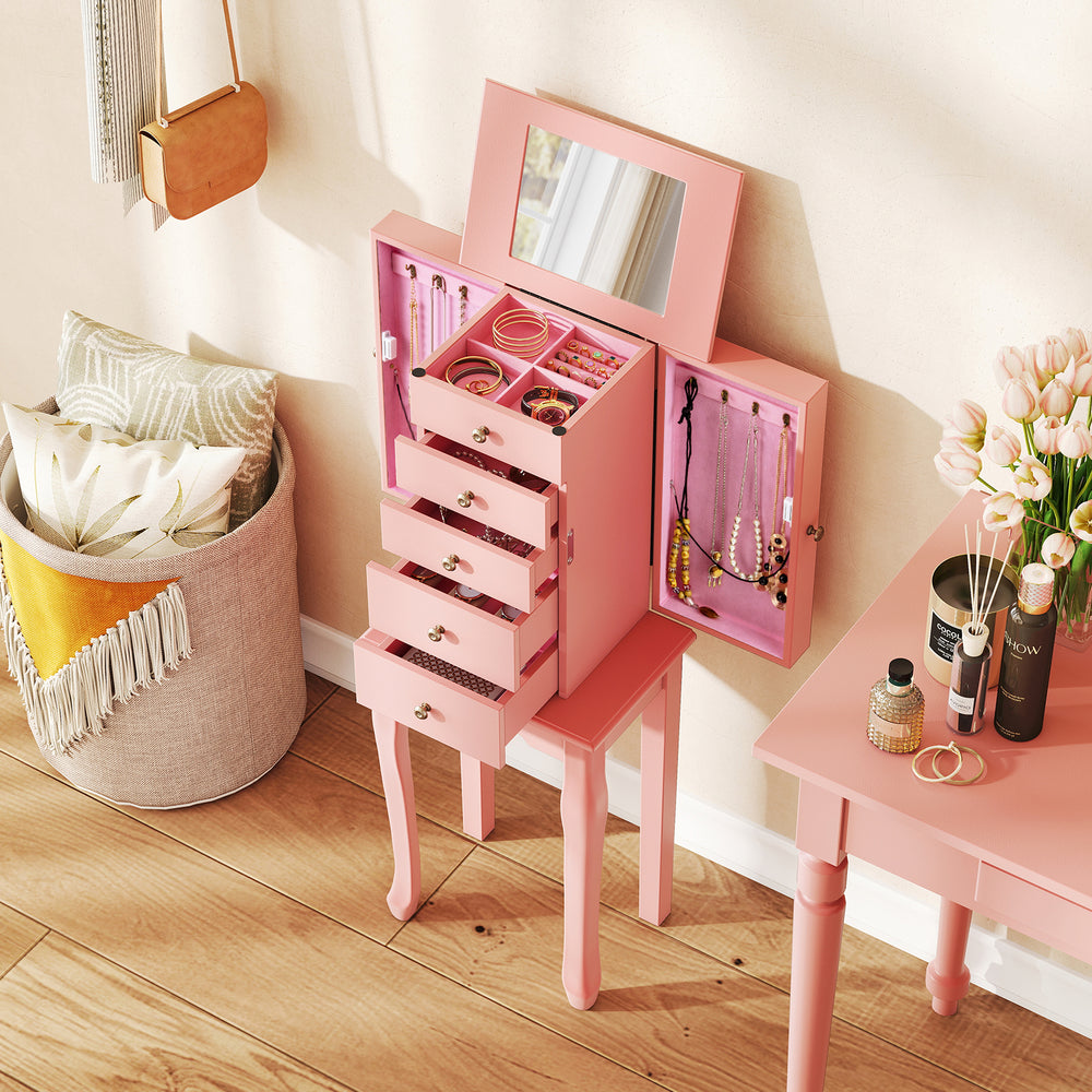 Pink standing jewelry cabinet with mirror, featuring 5 drawers, 2 side compartments, and 8 necklace hooks for organized.
