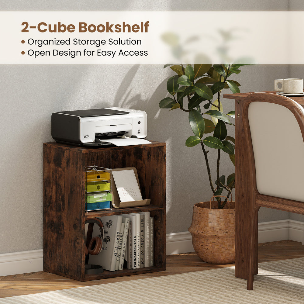 2-cube bookshelf in brown with open design and adjustable shelf, ideal for organizing books and decorations.