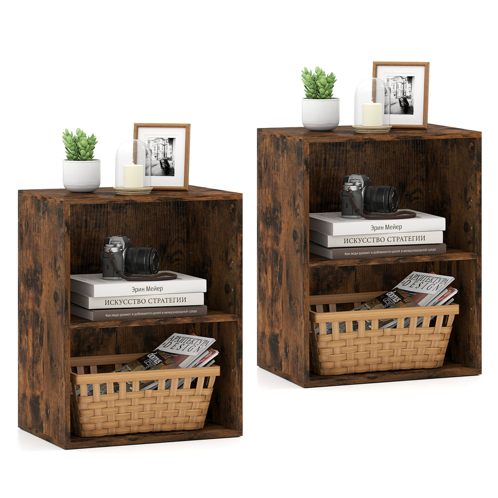 Set of 2 brown floor-standing cube bookshelves with adjustable shelves for organizing books and decorations.