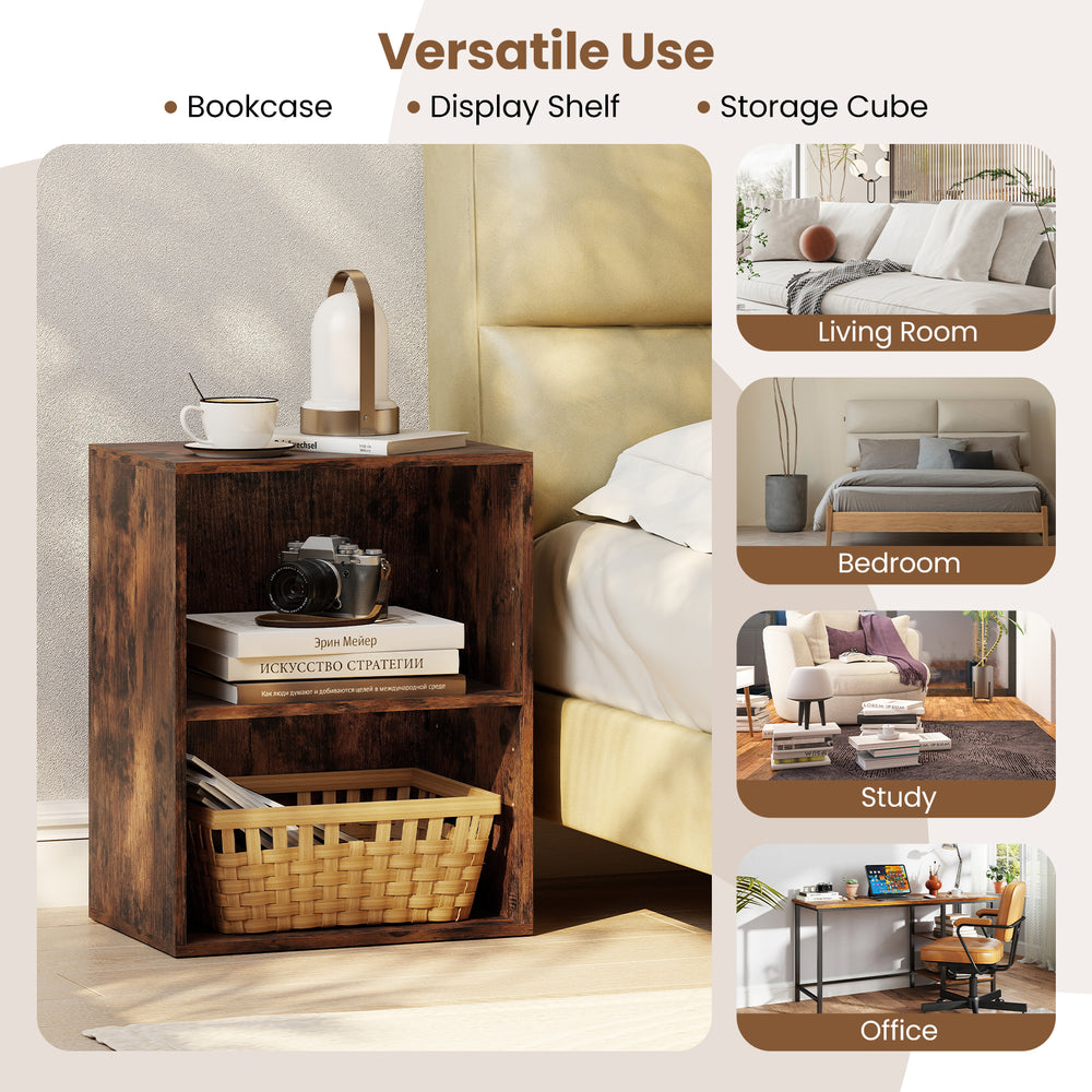 2-cube bookshelf in brown with adjustable shelves, ideal for organizing books and decorations in any room.