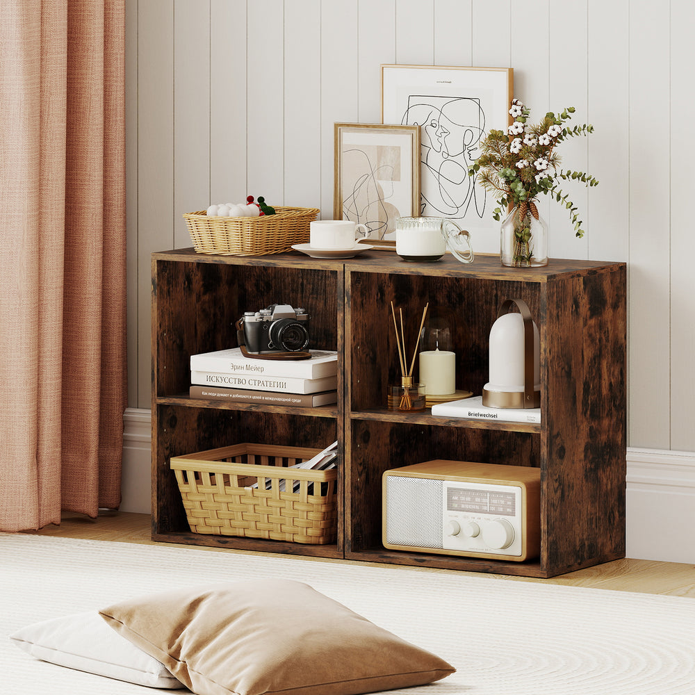 2-cube bookshelf in brown with adjustable shelves, perfect for organizing books and decorations in any room.