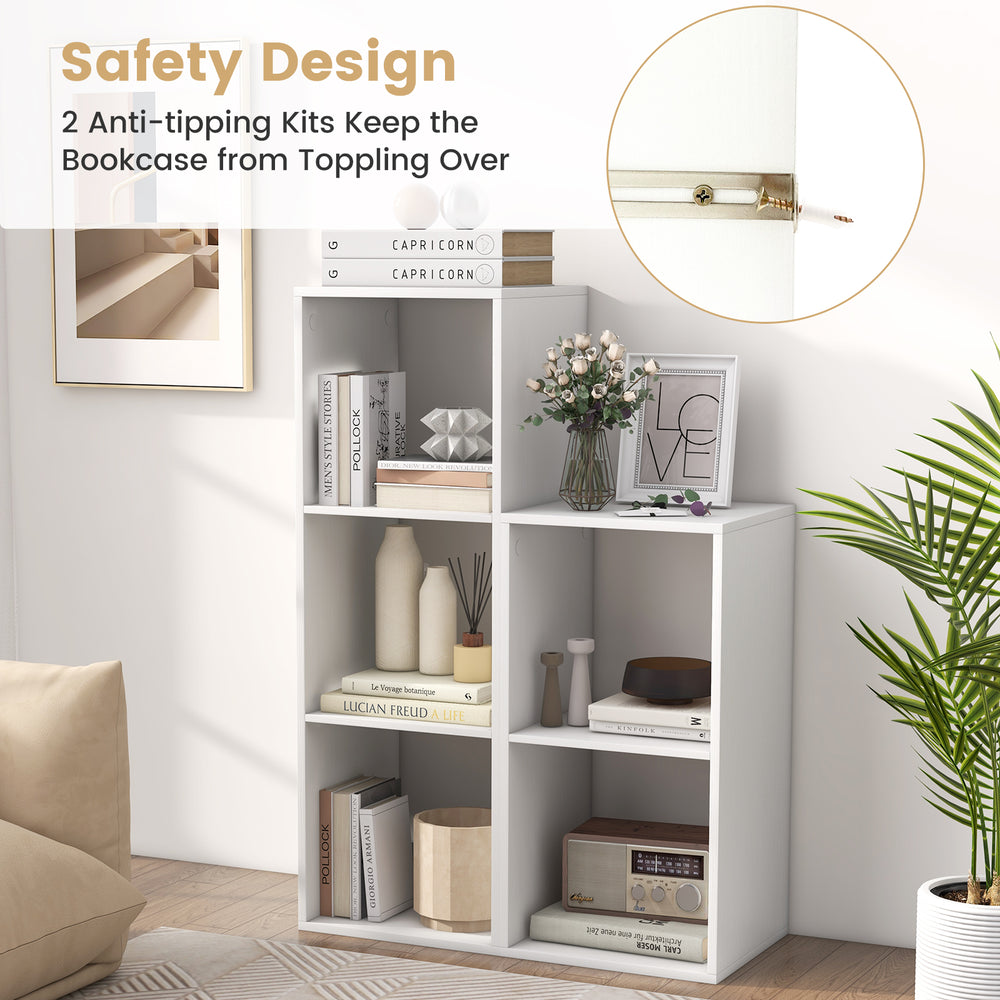2-cube bookshelf in white with anti-tipping kits, ideal for organizing books and decor in living room or bedroom.