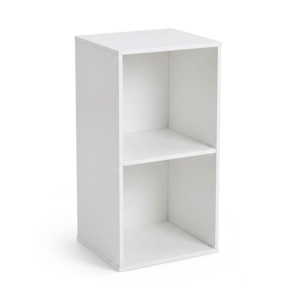 Freestanding white bookshelf with 2 open compartments, designed for vertical or horizontal placement in home or office.