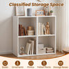 Freestanding white bookshelf with two open cubes for storage, suitable for living room or office use.
