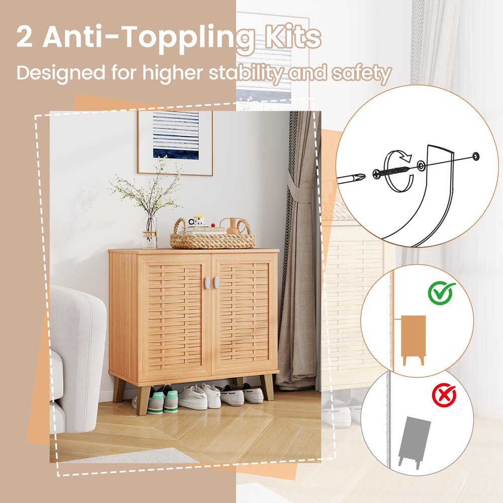 2-door shoe cabinet with ventilated woven doors, teak finish, 4 tiers, and anti-toppling kits for stability and safety.