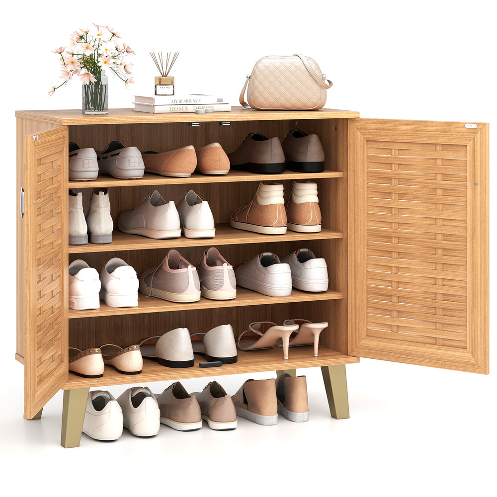 4-tier shoe cabinet with ventilated woven doors in teak, featuring removable shelves for organized storage in entryway.