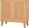 2-door shoe cabinet with ventilated woven doors, teak finish, 4-tier storage for organized shoe display in entryway.