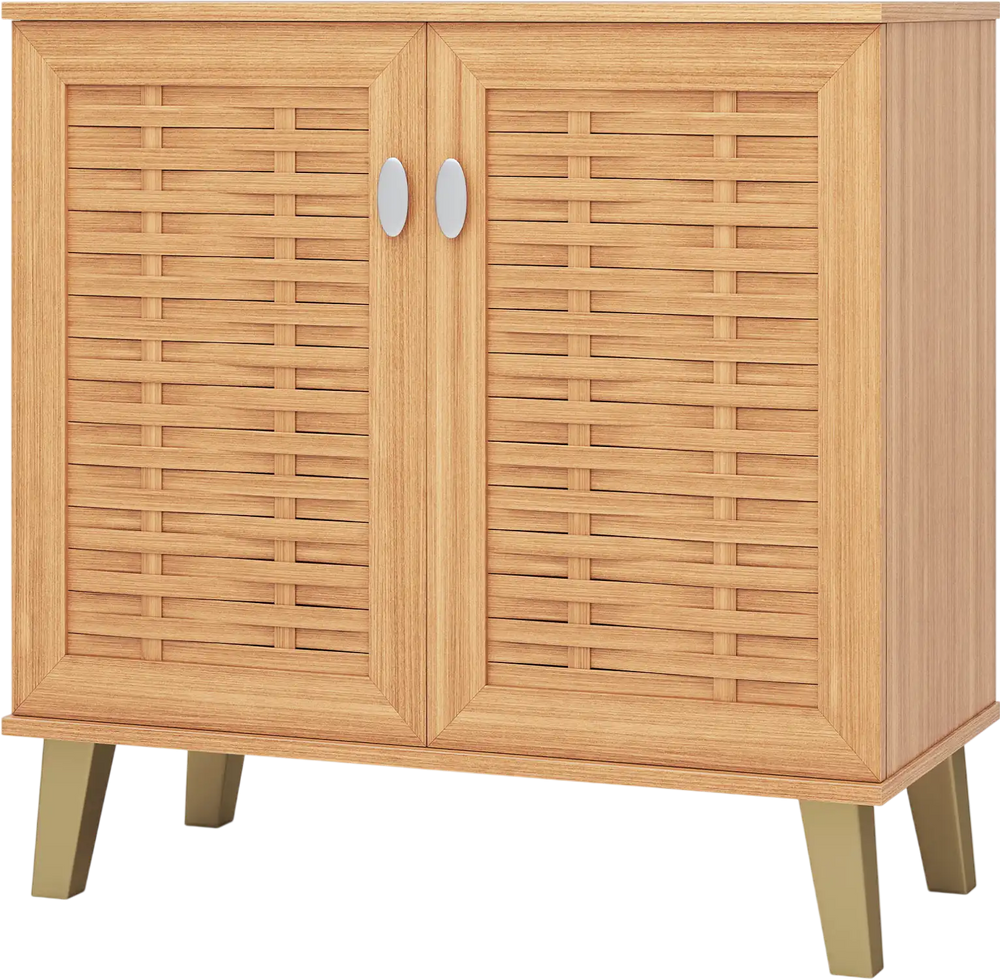 2-door shoe cabinet with ventilated woven doors, teak finish, 4-tier storage for organized shoe display in entryway.