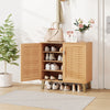 2-door 4-tier shoe cabinet in teak with woven doors, featuring removable shelves for organized shoe storage in entryway.