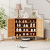 Shoe cabinet with woven doors in teak, showcasing 4 tiers and decorative handles, perfect for hallway organization.