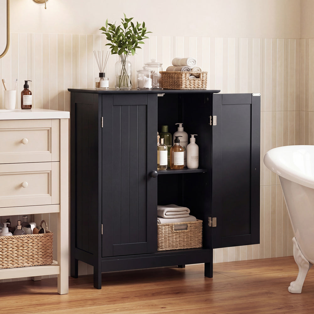 2-Door Freee-Standing Bathroom Cabinet with Shelf-Black - Gallery View 1 of 10