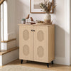 Natural 2-door geometric-style storage cabinet features carved panels, offering ample space for footwear in entryways.