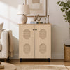 Freestanding 2-door geometric-style storage cabinet with carved panels, perfect for organizing footwear in any entryway.