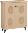 Freestanding 2-door storage cabinet with geometric carved panels, ideal for organizing footwear in entryways or hallways.