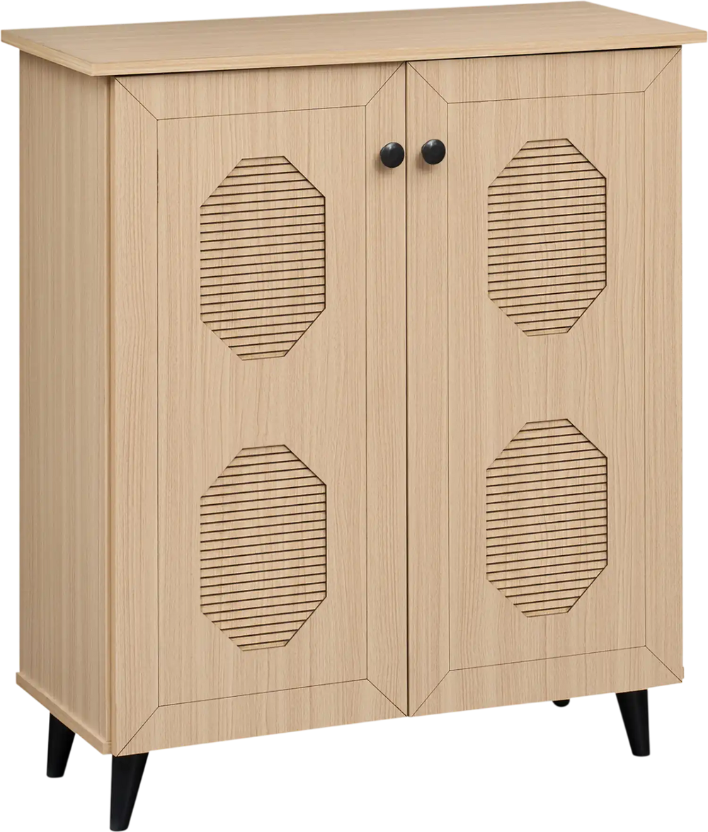 Freestanding 2-door storage cabinet with geometric carved panels, ideal for organizing footwear in entryways or hallways.