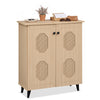 Freestanding 2-door storage cabinet with geometric carved panels, perfect for organizing footwear in entryways or hallways.