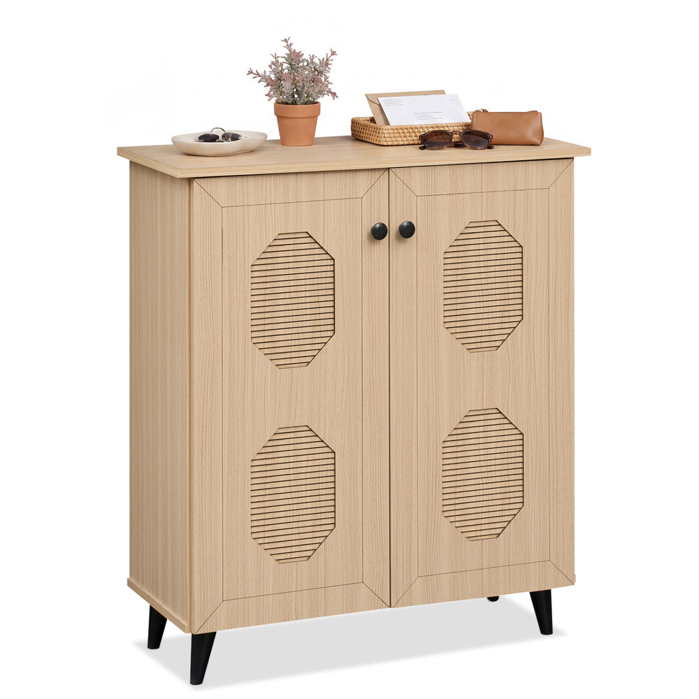 Freestanding 2-door storage cabinet with geometric carved panels, perfect for organizing footwear in entryways or hallways.