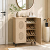 Freestanding 2-door storage cabinet with carved panels, designed for organizing footwear in entryways or hallways.