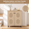 Freestanding 2-door storage cabinet with geometric carved panels, offering large storage space for various footwear.