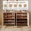 Freestanding footwear organizer with geometric-style carved panels, offering large storage space for various shoe types.
