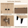 Geometric-style storage cabinet features carved panels, soft-close hinges, and robust metal legs for stylish shoe organization.