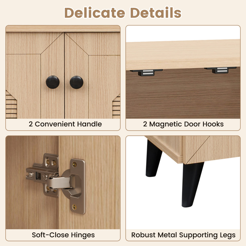 Geometric-style storage cabinet features carved panels, soft-close hinges, and robust metal legs for stylish shoe organization.