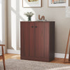 Modern 2-door brown storage cabinet with a wide tabletop and 3-tier shelf, ideal for living room or hallway.