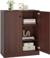 Side view of the 2-door modern storage cabinet in brown, featuring ample shelf space for books and decor in any room.