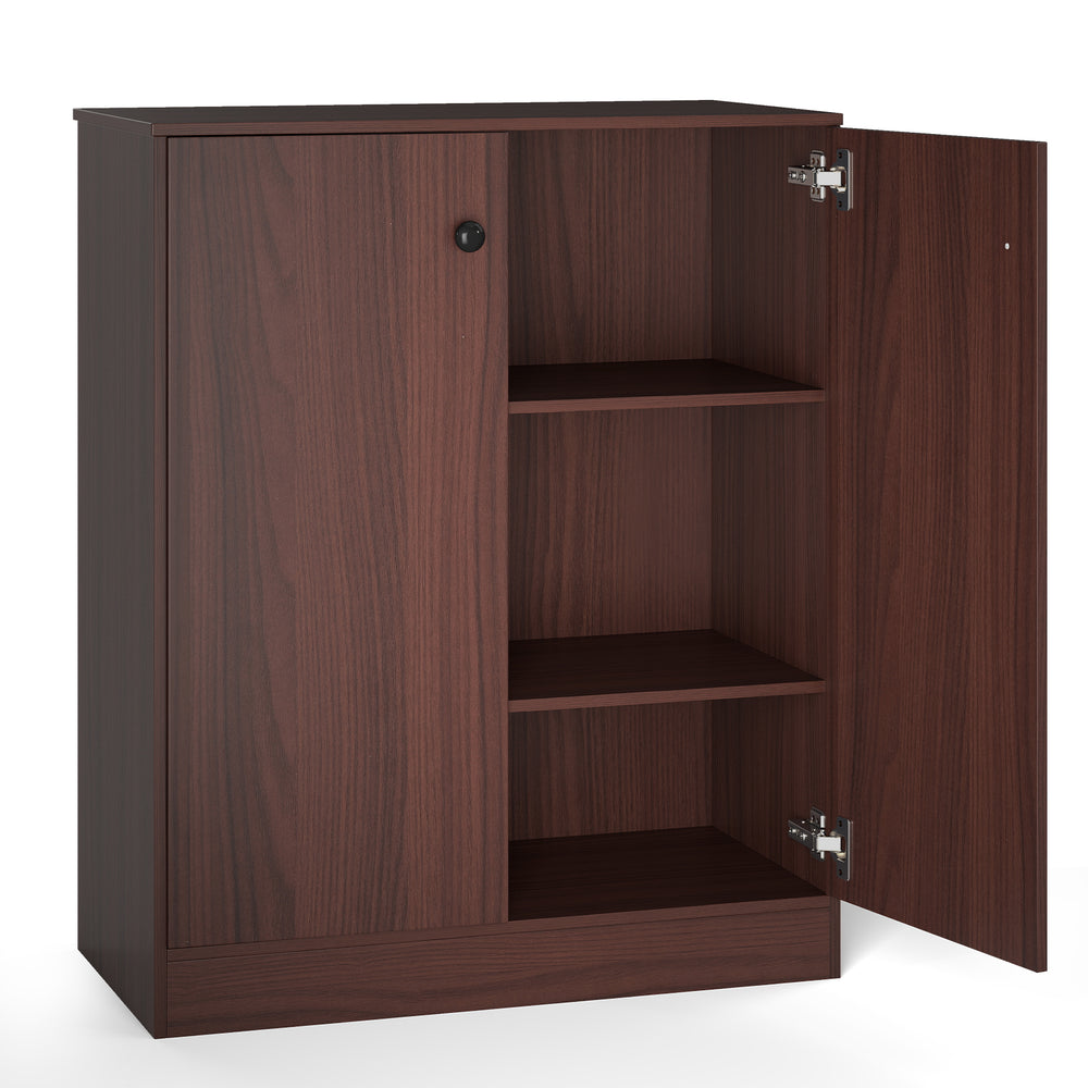 2-door modern floor storage cabinet in brown with 3-tier shelves, ideal for kitchen or living room organization.