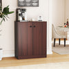 Modern 2-door storage cabinet in brown with a wide tabletop, perfect for kitchen or living room organization.