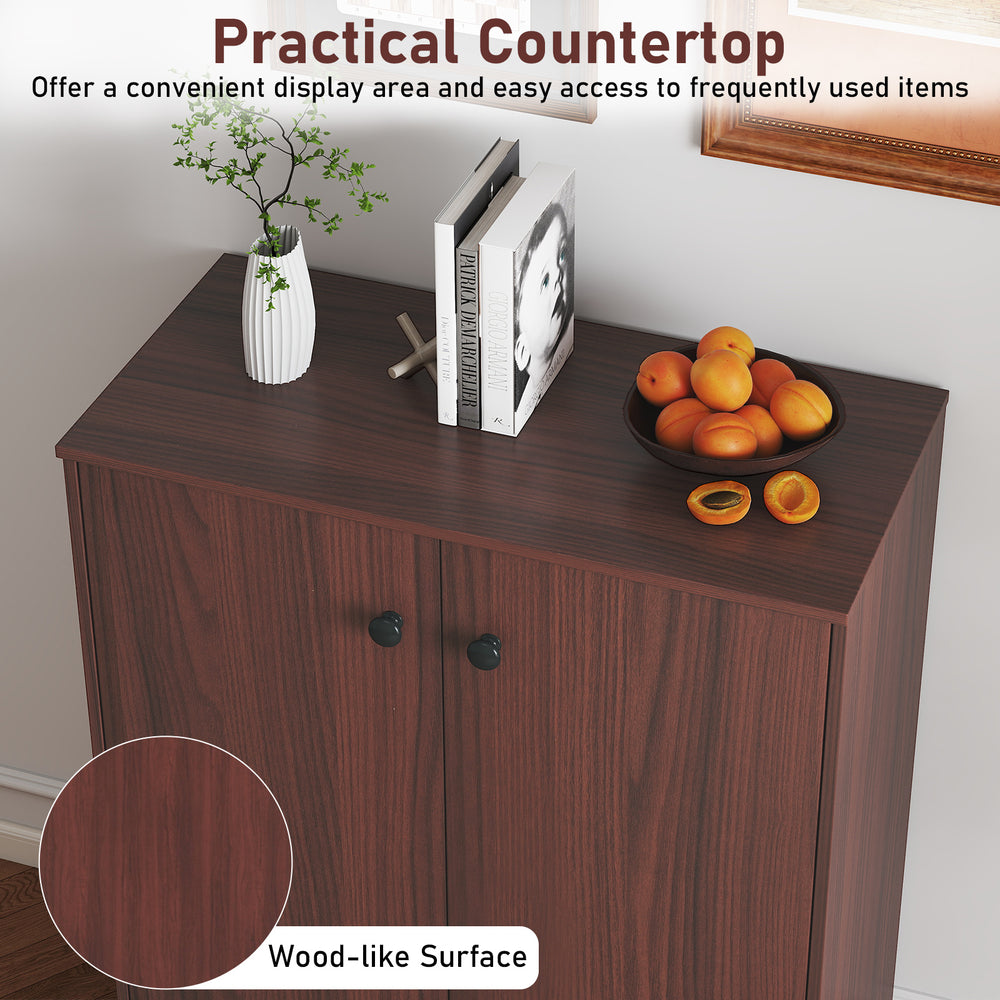 Modern 2-door storage cabinet in brown with a wood-like surface, perfect for displaying items in any room.