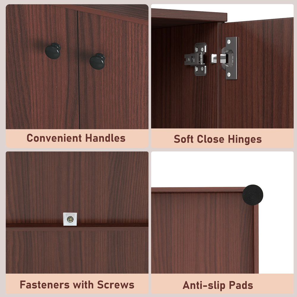 Close-up of the 2-door modern storage cabinet showcasing convenient handles and soft close hinges for easy access.