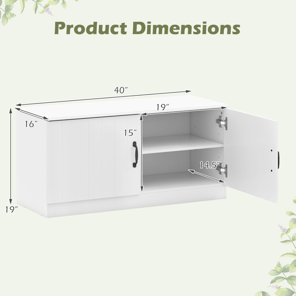 2-door shoe storage cabinet in white with adjustable shelves, dimensions shown for entryway or bedroom use.