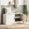 White 2-door shoe storage cabinet with adjustable shelves, providing seating and shoe organization for entryways or.
