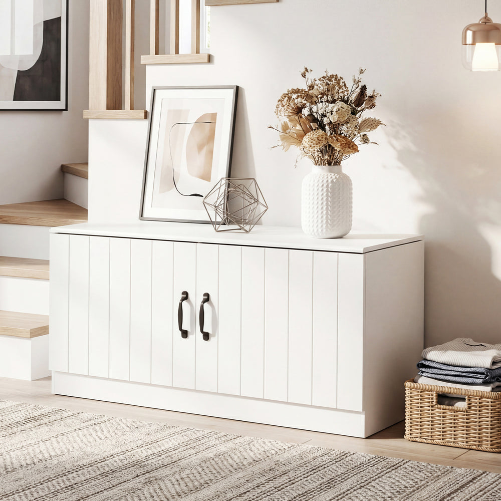 2-Door shoe storage cabinet in white with adjustable shelves, perfect for entryway seating and shoe organization.