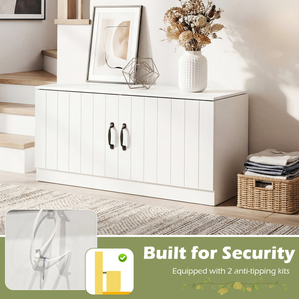 2-door shoe storage cabinet in white with adjustable shelves, designed for safety with anti-tipping kits, ideal for.