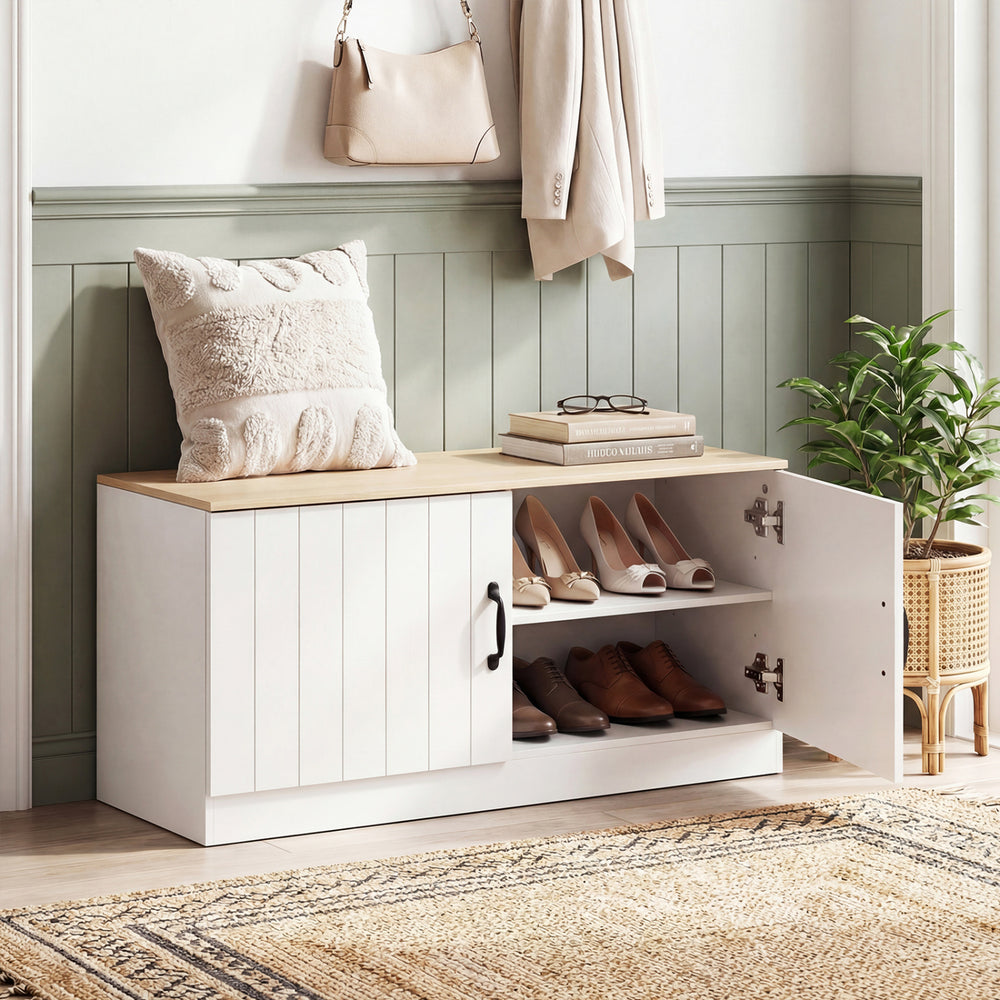2-Door Shoe Bench Shoe Storage Cabinet with Adjustable Shelves-Natural - Gallery View 1 of 10