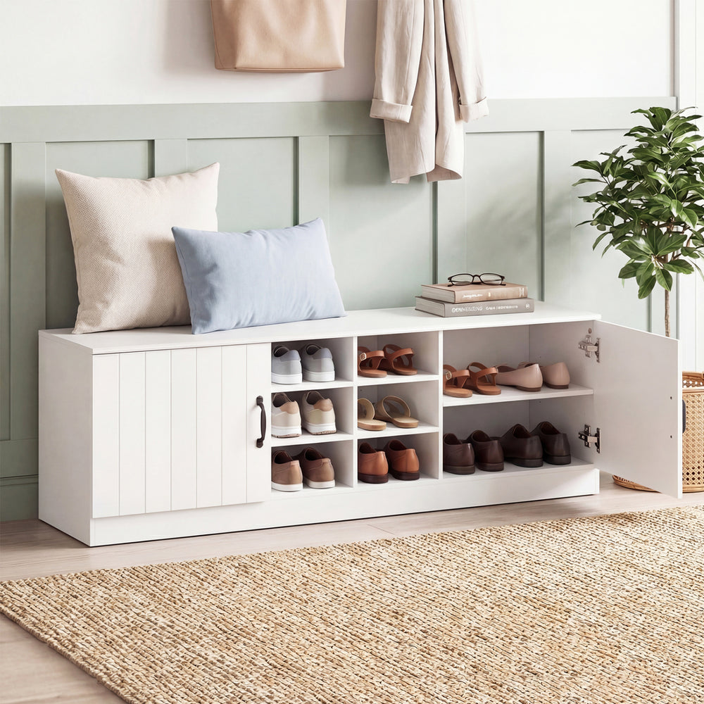 White 2-door shoe bench storage cabinet with adjustable shelves, featuring seating and six compartments for organized.