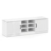 White 2-door shoe bench storage cabinet with adjustable shelves and six compartments for organized shoe storage.