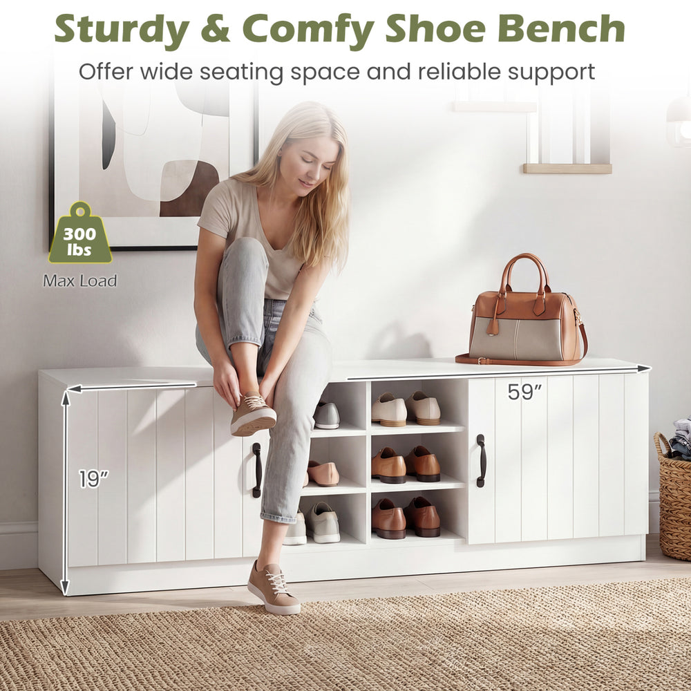 White 2-door shoe bench with adjustable shelves, offering seating and storage for shoes, ideal for entryway or bedroom.